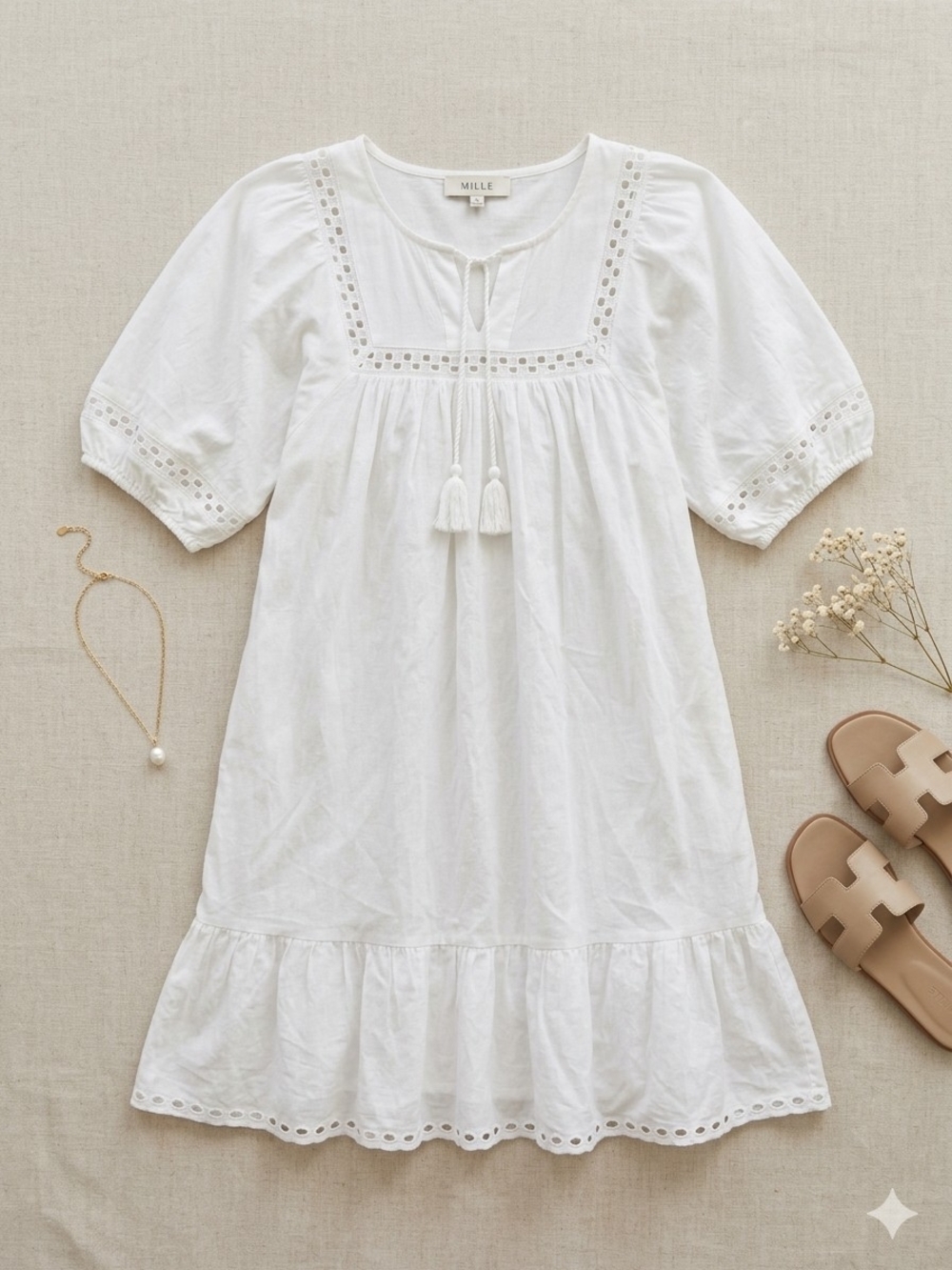 White Cotton Eyelet Peasant Dress
